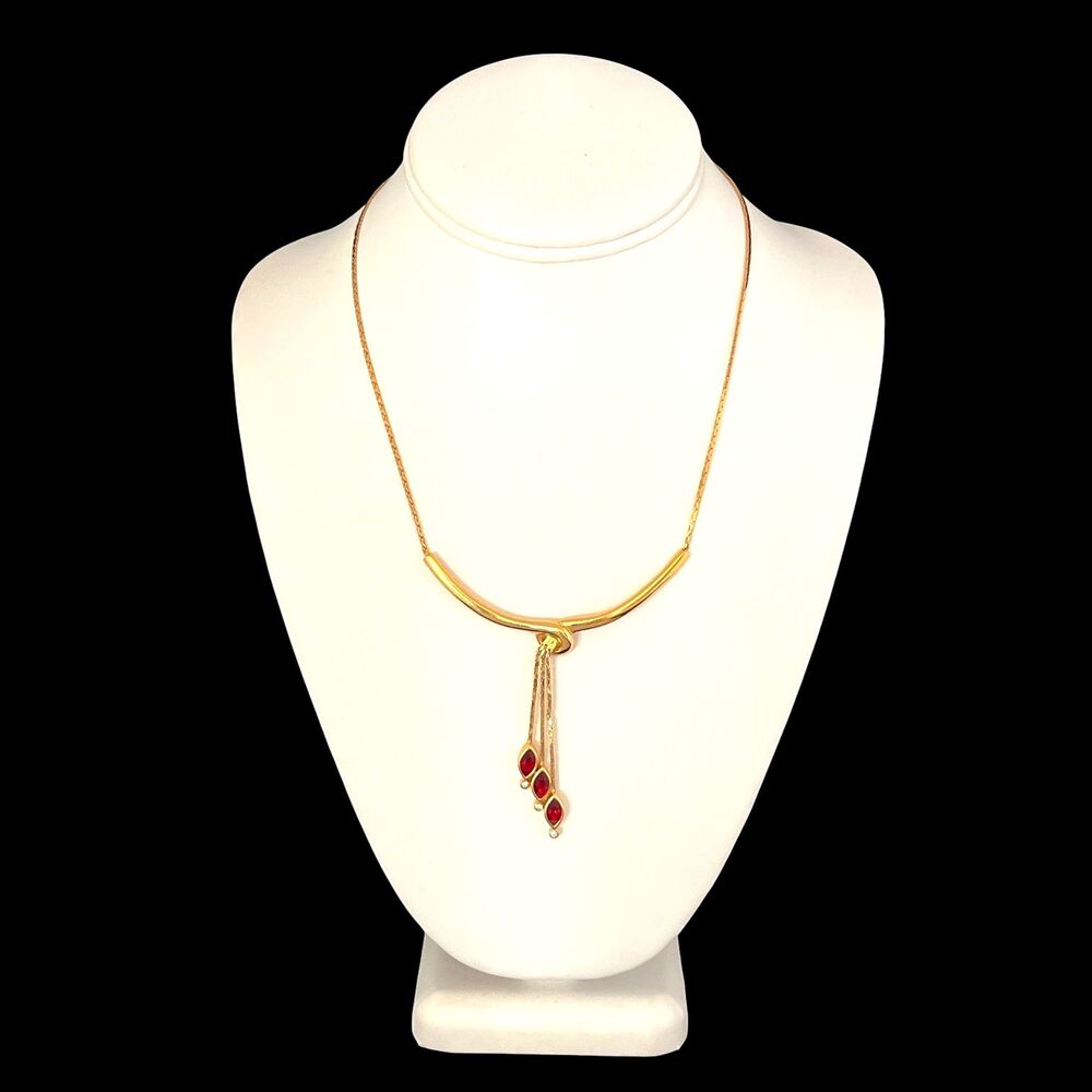 Vintage 1960s Trifari Red Crystal Gold Tone Pendant Necklace - 3Q
